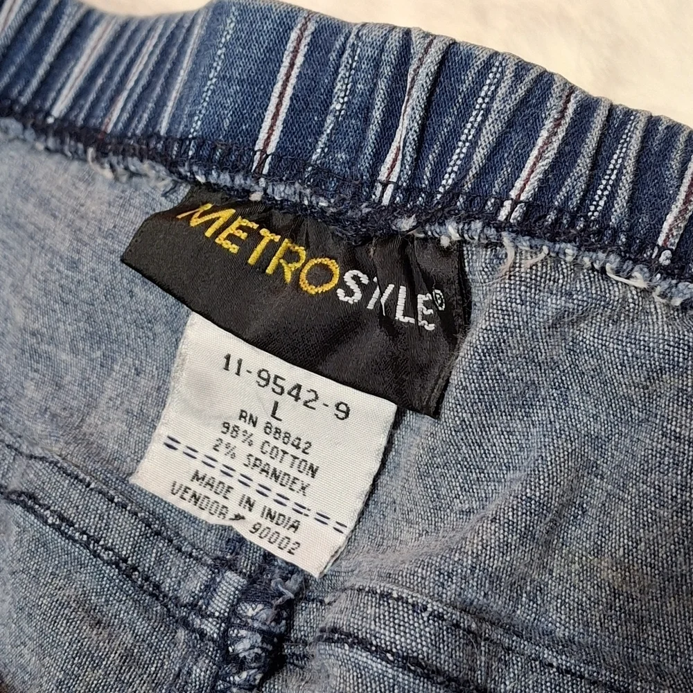 MetroStyle Blue & White Pinstripe Pull-On Comfy Cotton Pants  Women Size Large